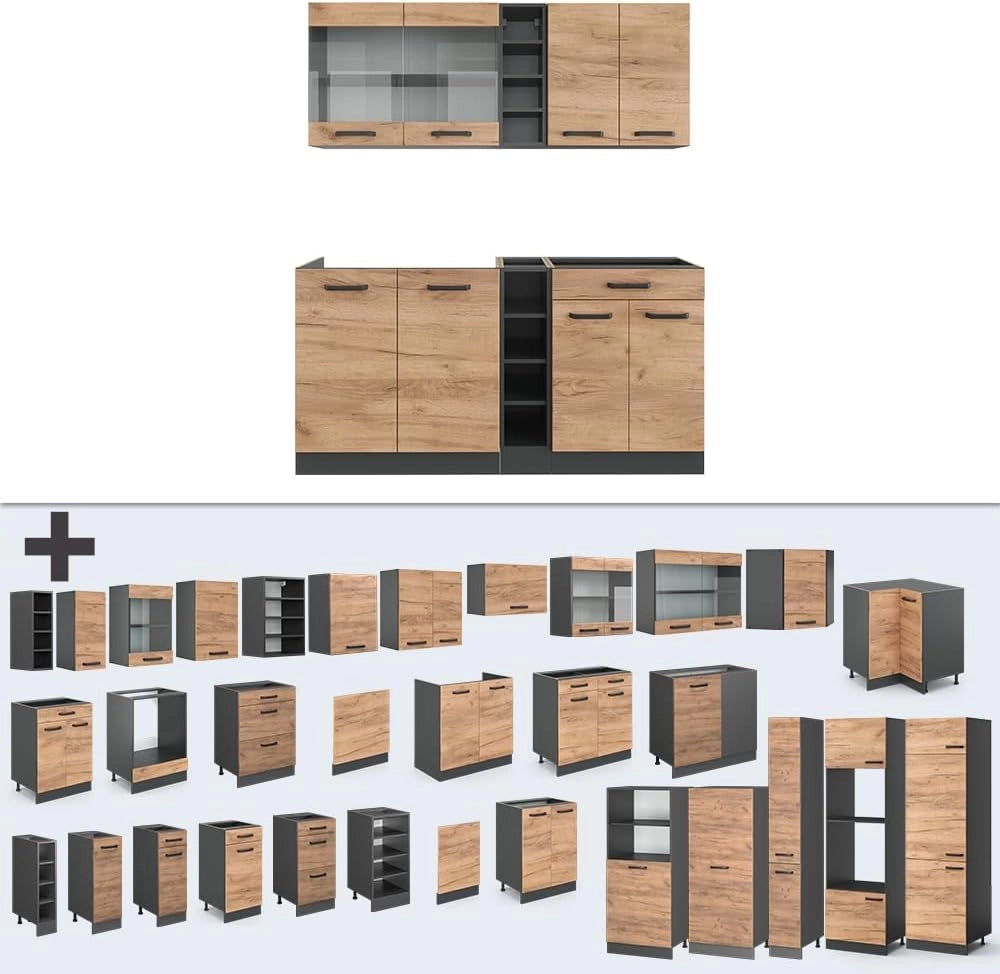 Cucina completa R-Line, Quercia dorata/antracite, 160 cm, PL Antracite, adatto per l'espansione individuale con moduli aggiuntivi