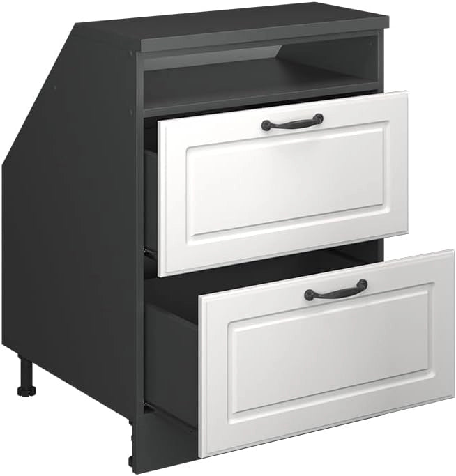Mobile sottotetto Rion, Bianco casa di campagna, 60 x 81.6 cm con 2 cassetti, carcassa 60 cm profondità, adatto per il salvaspazio sotto tetti spioventi