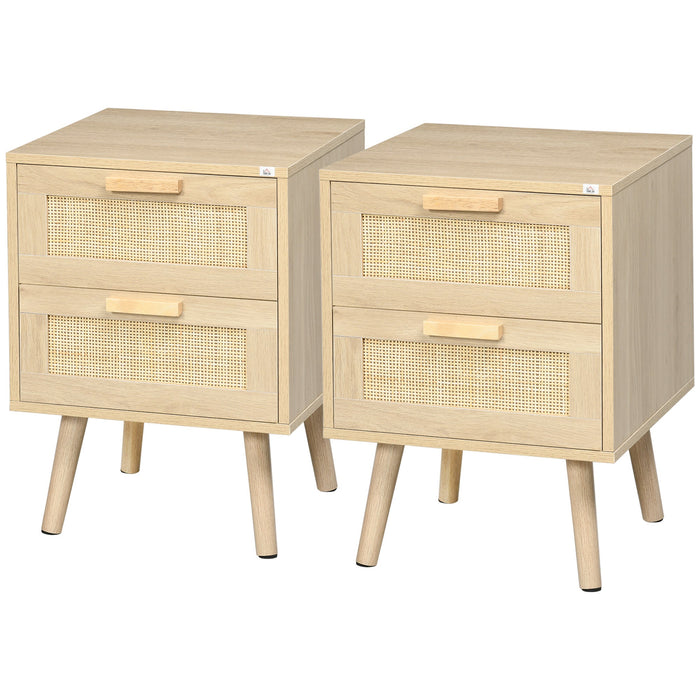 Set 2 Comodini con 2 Cassetti 40x40x56 cm in Legno e Rattan Naturale