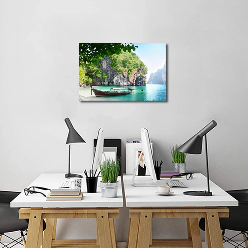 Dipinto su tela raffigurante una barca su un'isola in Thailandia, dimensioni 40x60 cm, con cornice