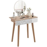 Toeletta Tavolo da Trucco con Specchio Circolare Ф39cm, Consolle Trucco con Cassetto con Decorazione Jungle, Bianco e Rovere, 70x39x119-128cm