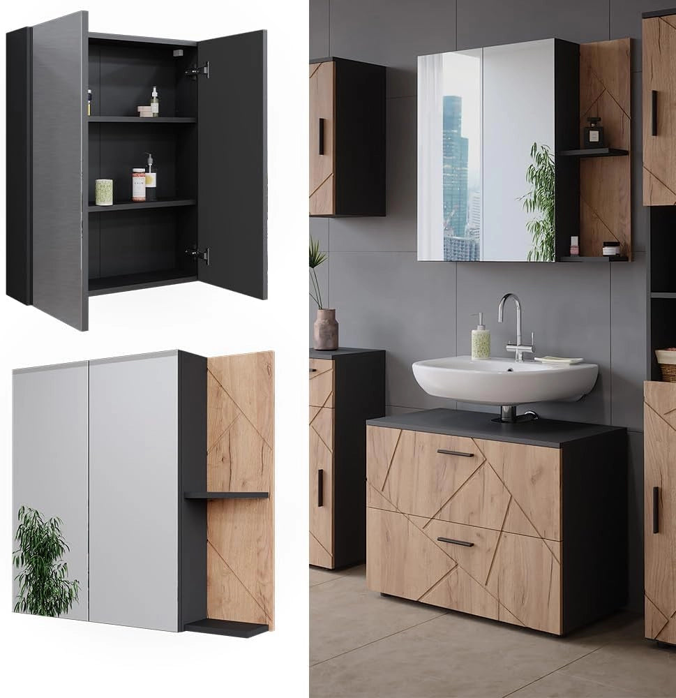 Mobile a specchio per bagno Irma, Antracite/quercia dorata, 80 x 75 cm, per montaggio a parete con ripiani aperti e specchio