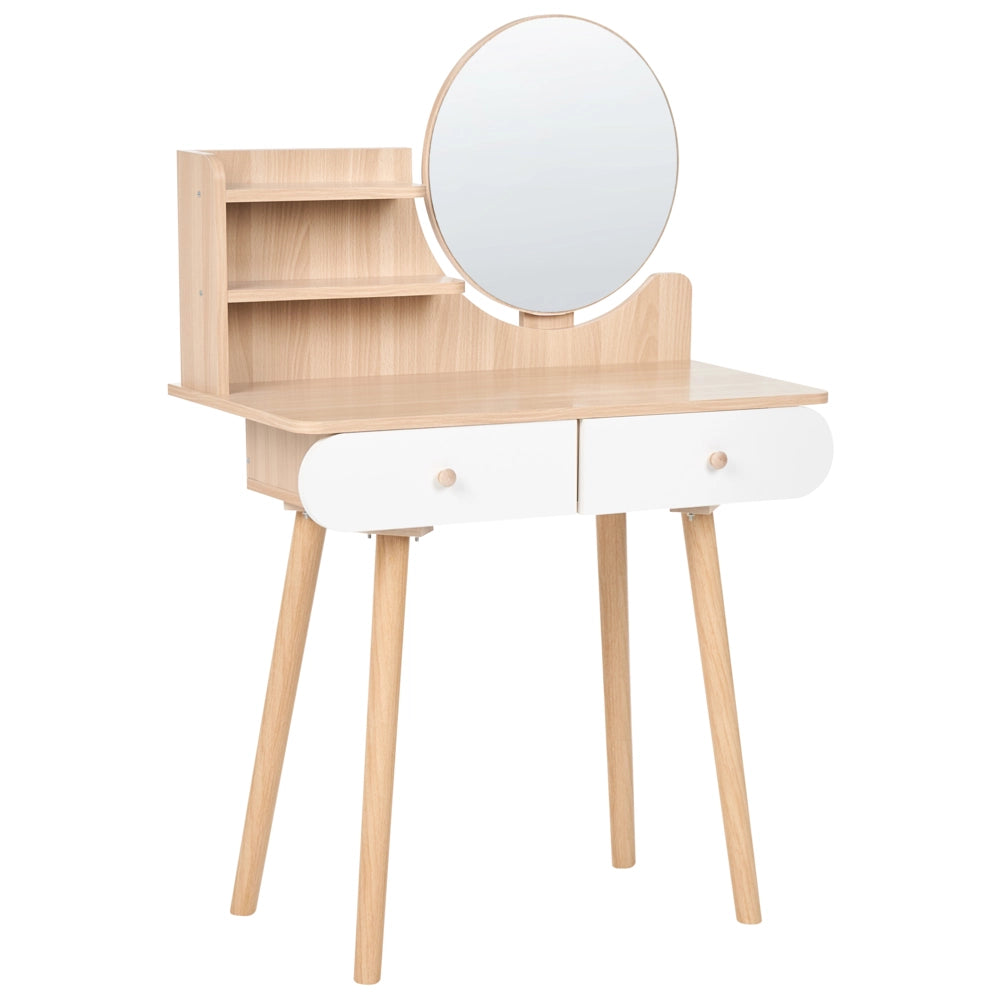 Toeletta in MDF bianco con specchio rotondo, 2 cassetti finitura decorativa effetto legno design scandinavo camera da letto