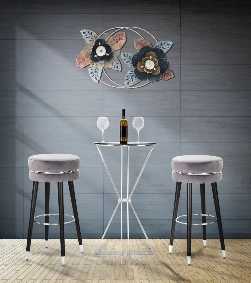 Sgabello Bar Paris Ø35x74 cm in Legno e Tessuto Vellutato Grigio