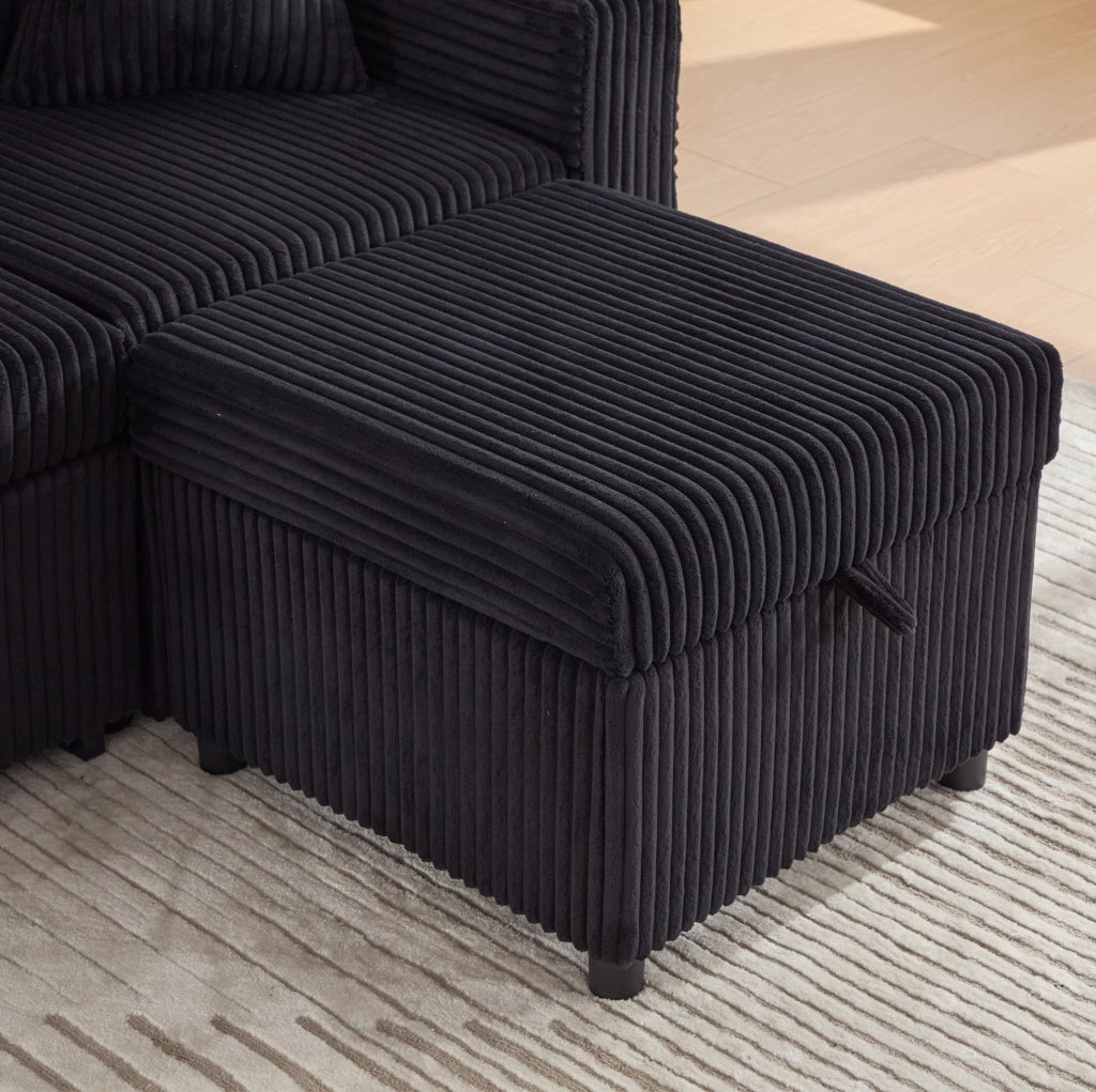Divano letto estraibile con contenitore; USB-C e LED in velluto a coste nero; 196x82x85 cm
