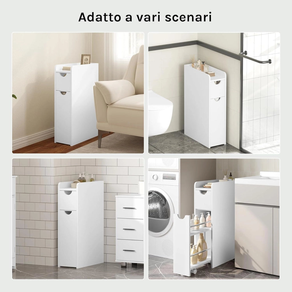 Mobile Bagno Stretto con 2 Cassetti, Mobiletto Compatto Salvaspazio, Armadietto Bagno Verticale, Multifunzionale con Ripiano Aperto, Bianco