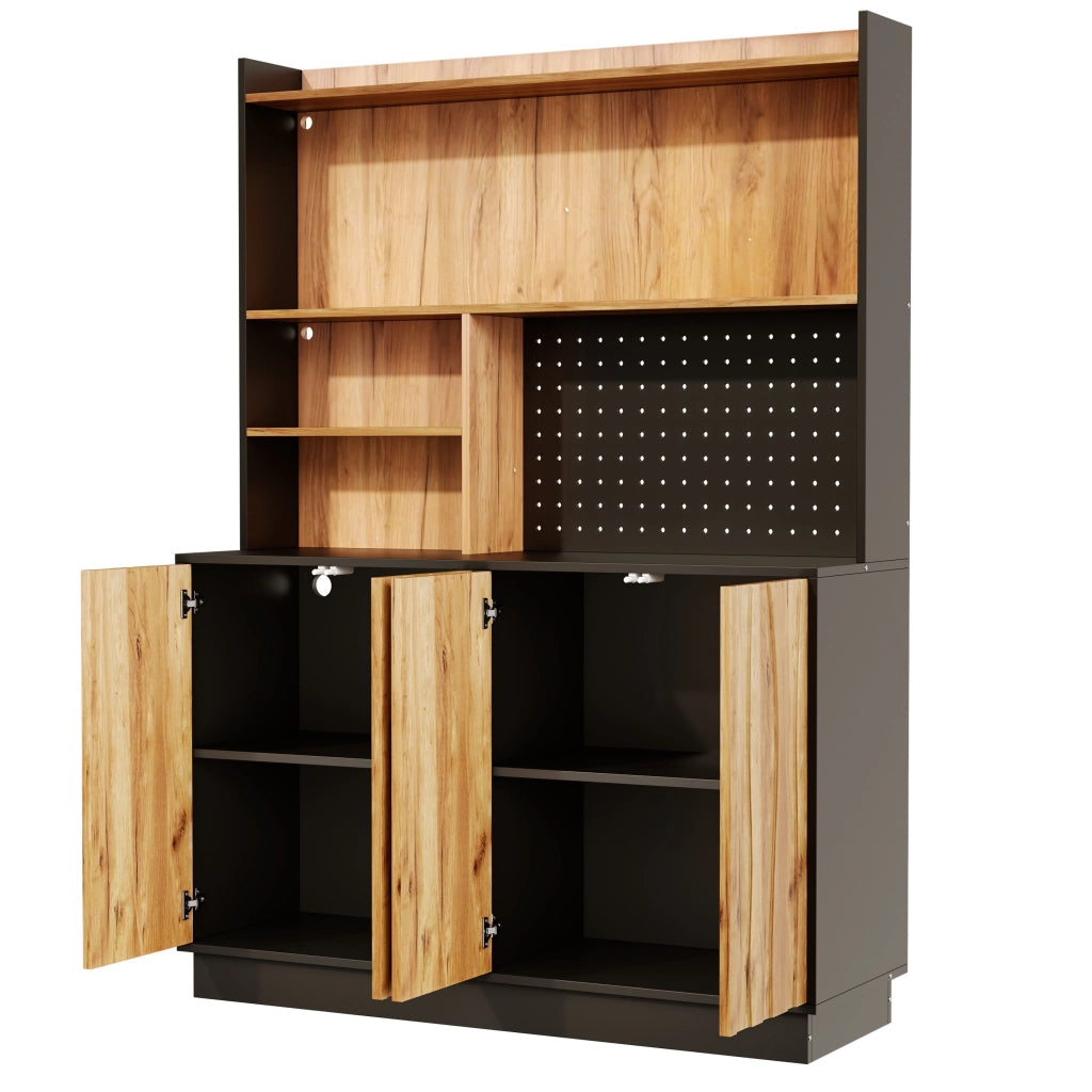 Mobile cucina 120x43x160 cm con LED RGB e prese in MDF naturale e nero