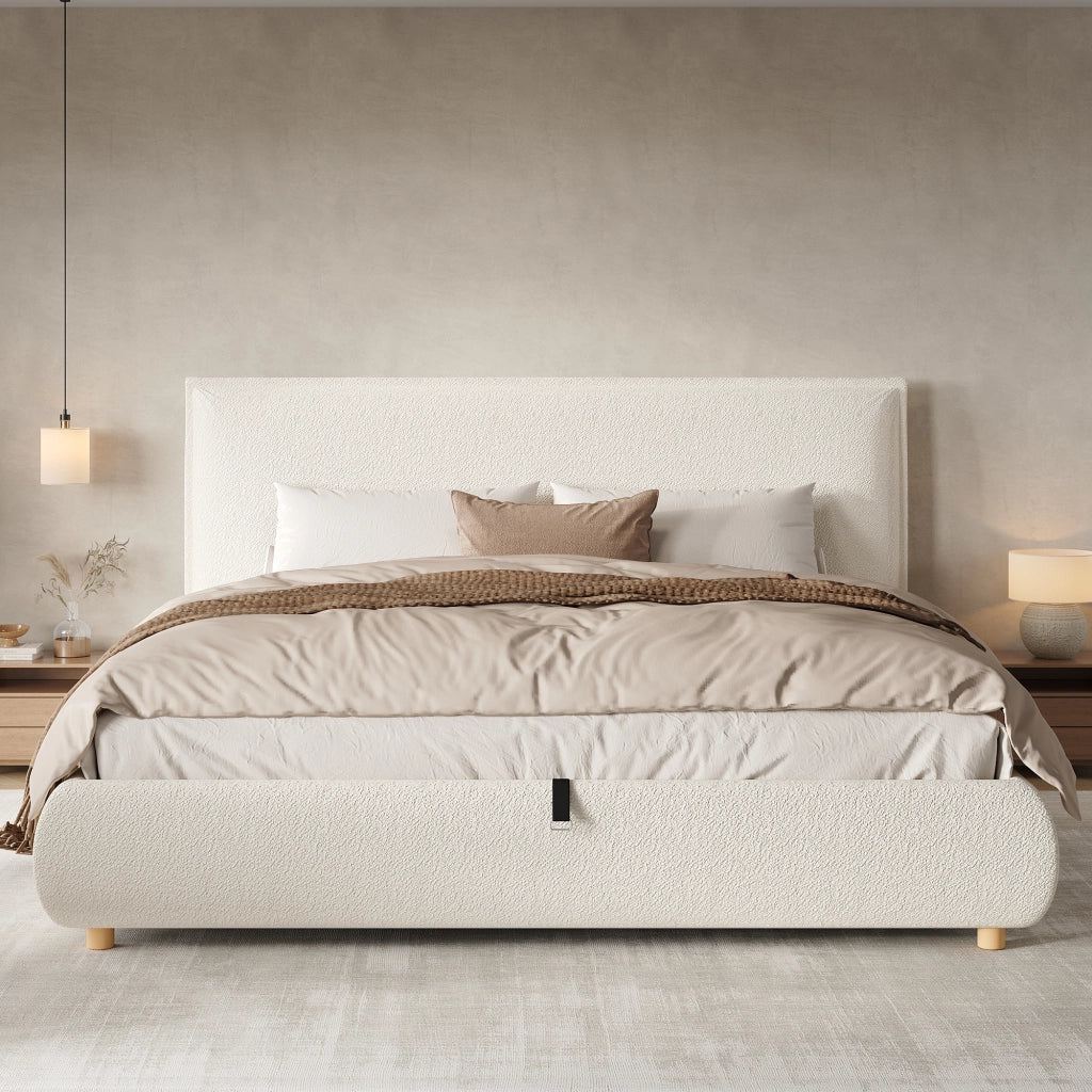 Letto Imbottito Matrimoniale Contenitore ¨C MINIMAL ¨C Idraulico, Testiera, Legno Massello, Bianco, 180x200