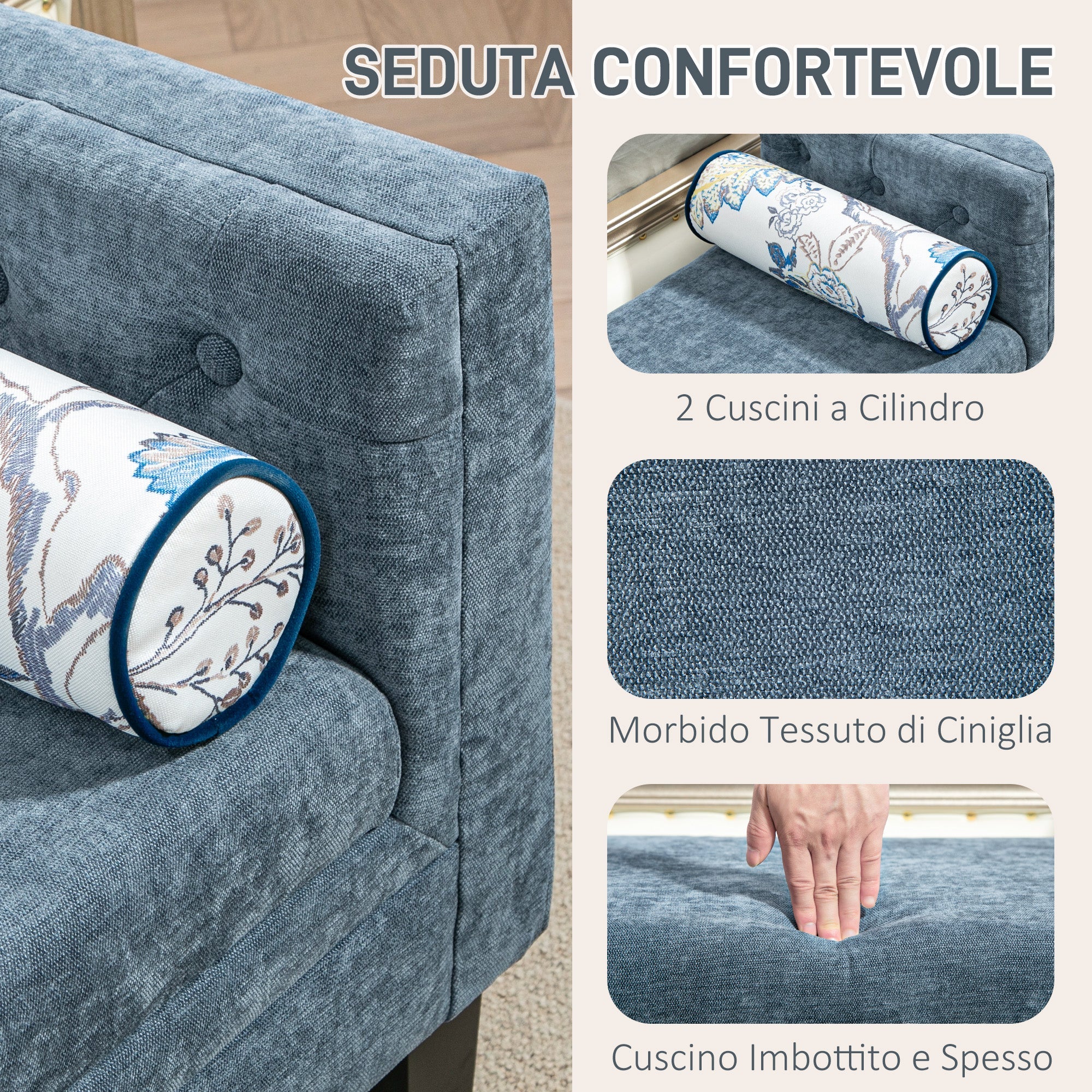 Panca Fondoletto Braccioli Trapuntati e 2 Cuscini 115,5x45x56 cm in Ciniglia e Legno Grigio-Blu e Nero