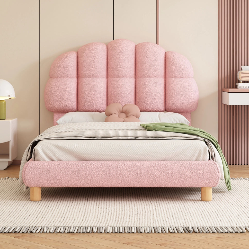 OKWISH Letto Singolo 90×200 cm, Letto Bambini con Testiera Imbottita Regolabile e 12 Doghe, senza Materasso, in Velluto, Rosa