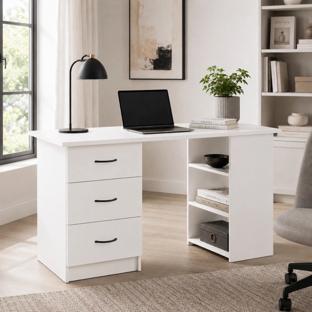 Scrivania Moderna Con 3 Cassetti E 3 Vani A Giorno Struttura In MDF Resistente Design Minimal Ideale Per Ufficio Studio Cameretta E Smart Working 120 X 49 X 72 Cm Bianco