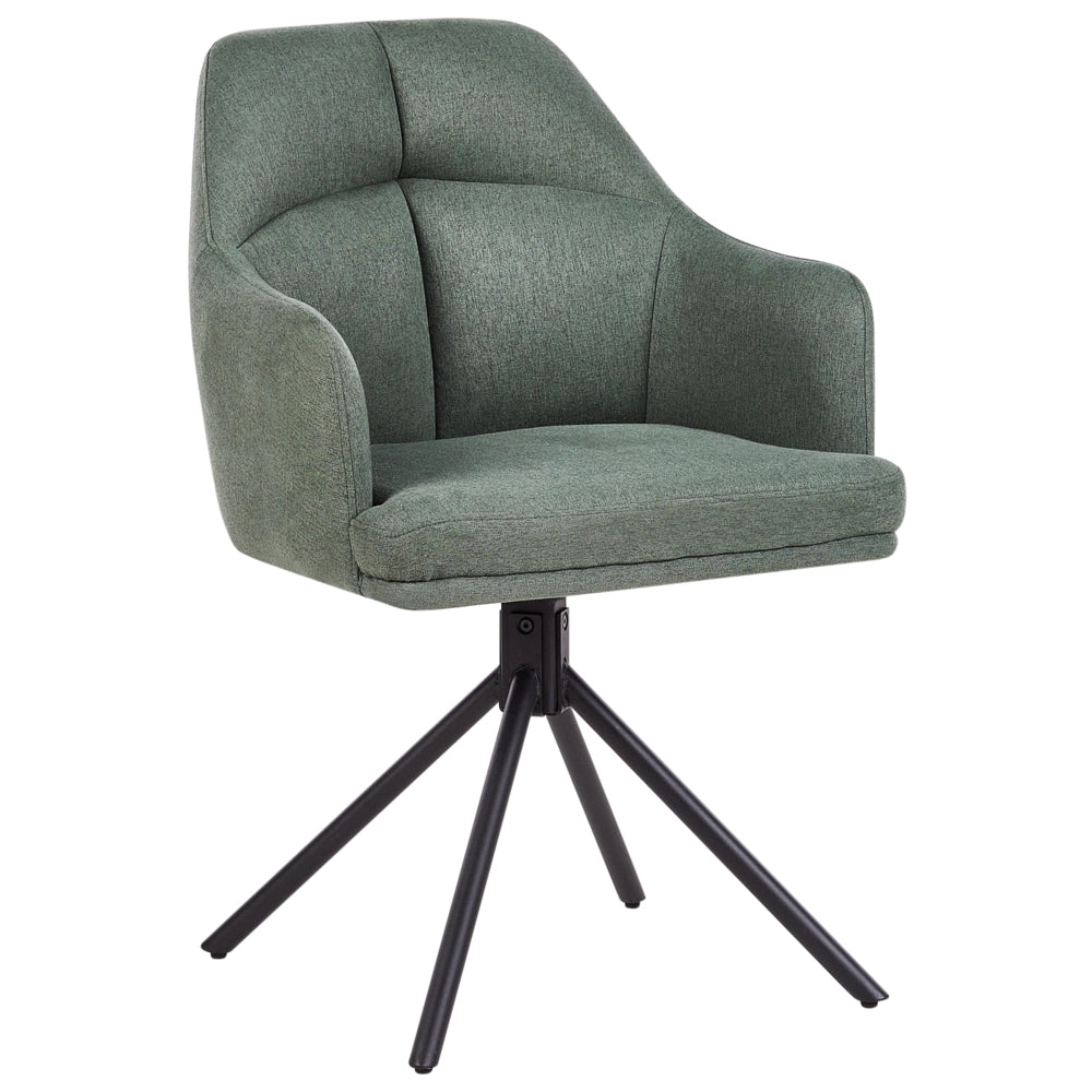 Set di 2 sedie girevoli da pranzo Tessuto verde con braccioli Schienale trapuntato Gambe in metallo nero Retro Transitional