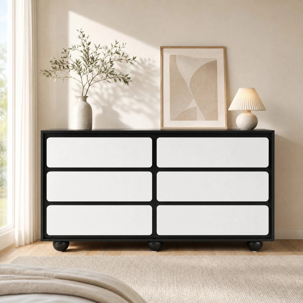 Comò 6 cassetti 140 × 38 × 74,5 cm, Bianco/Nero, in pannello di legno