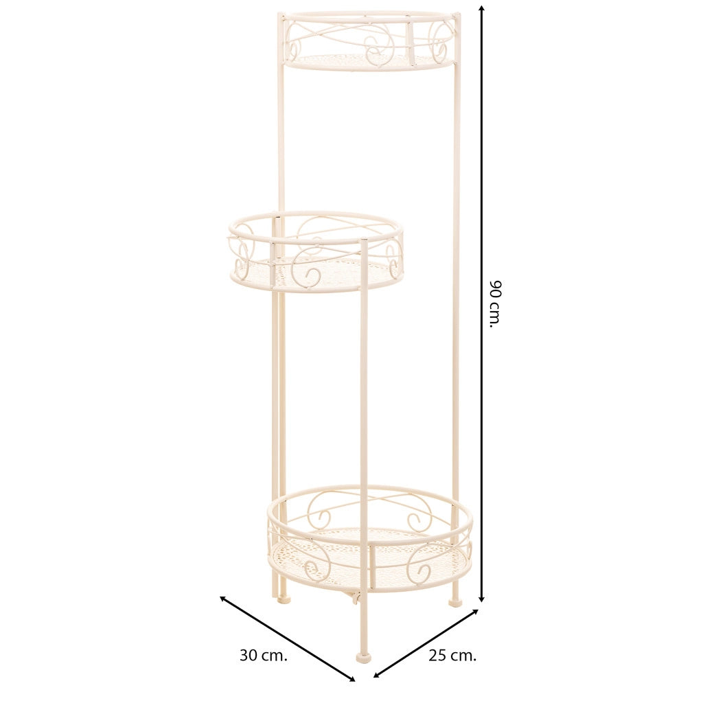 Supporto per 3 vasi in ferro battuto bianco 30x25x90