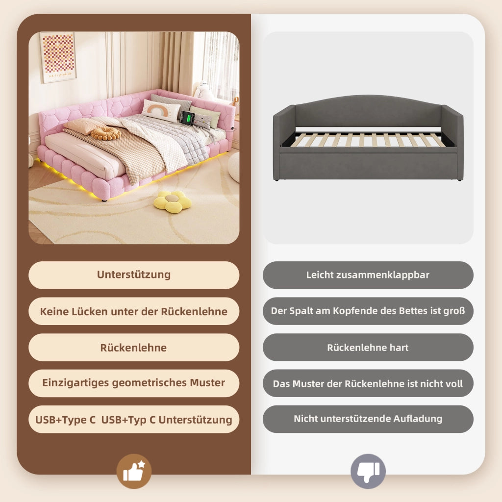 Letto matrimoniale 140×200 cm con LED; USB; Type-C e rete; senza materasso; velluto; rosa