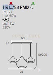 SOSP. OTTONE SATINATO 3 LUCI RETTANGOLARE VETRI (2 X PICCOLO + 1 X GRANDE) TUTTI RUBINO 1191OS-S3 RMIX-RU
