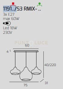 SOSP. OTTONE SATINATO 3 LUCI RETTANGOLARE VETRI (2 X PICCOLO + 1 X GRANDE) TUTTI RUBINO 1191OS-S3 RMIX-RU