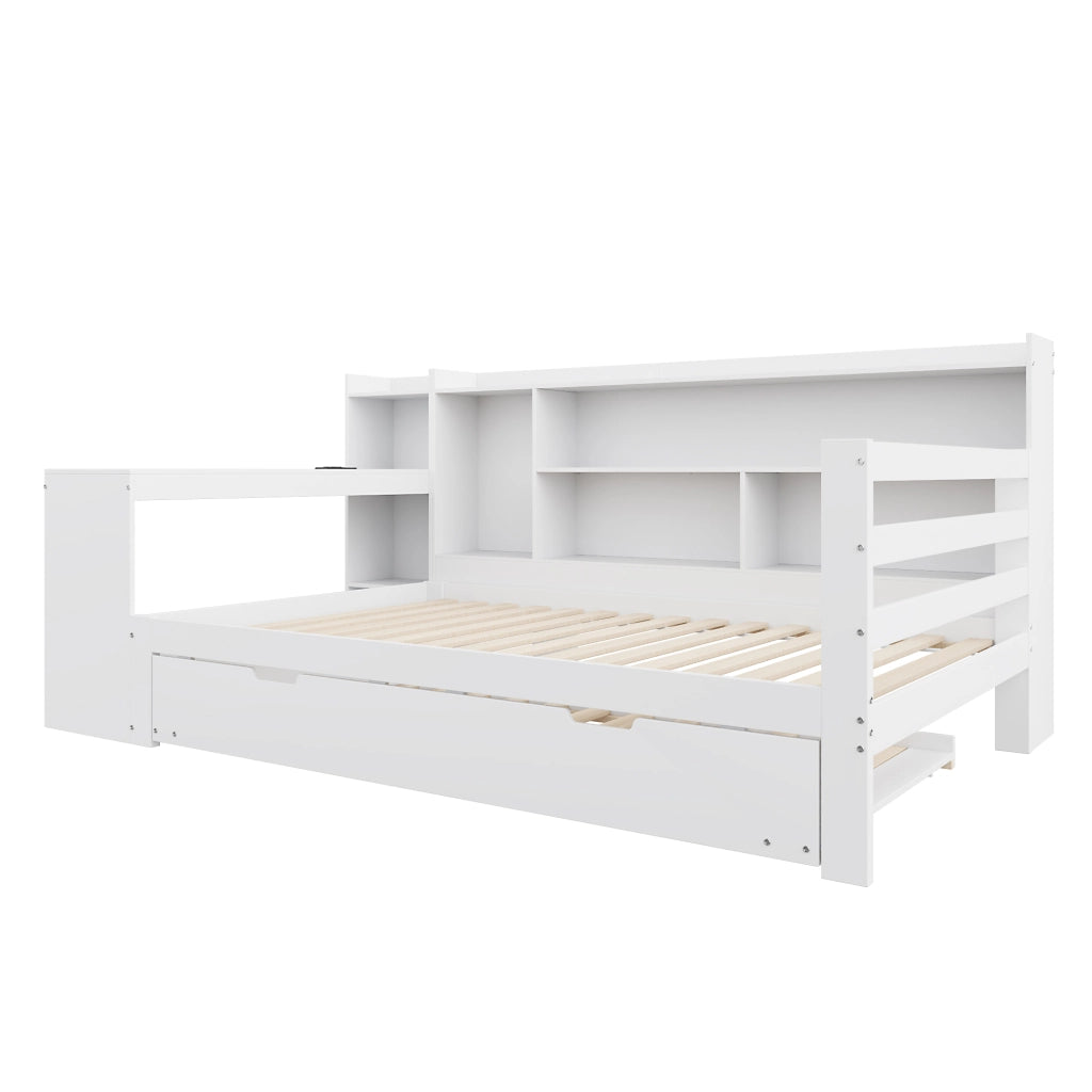 LETTO multifunzione 90x200 cm in legno massello bianco con scrivania e scaffali