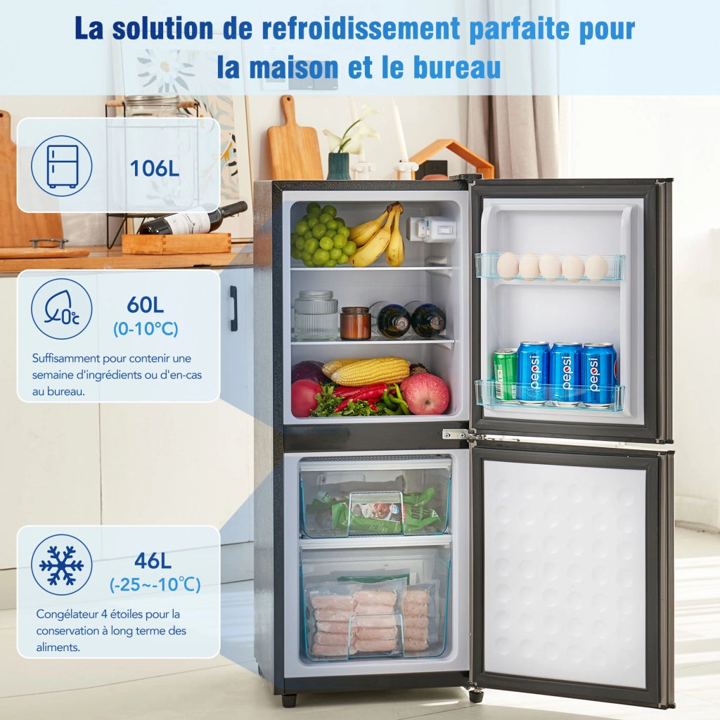 Frigorifero con congelatore 106 L; LED; 7 livelli; acciaio inox; nero e argento