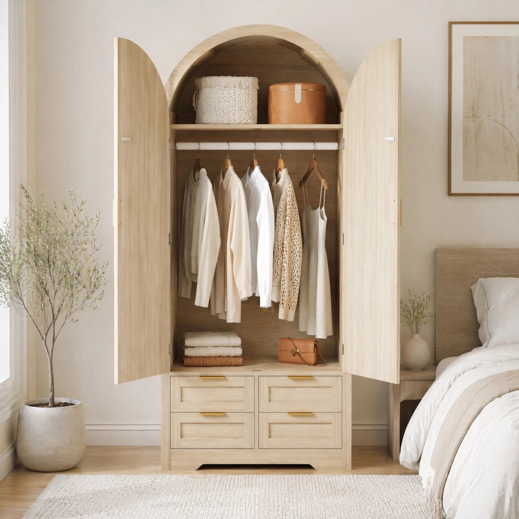Armadio moderno con ante curve e inserti in rattan 80x50x179 cm; MDF colore quercia