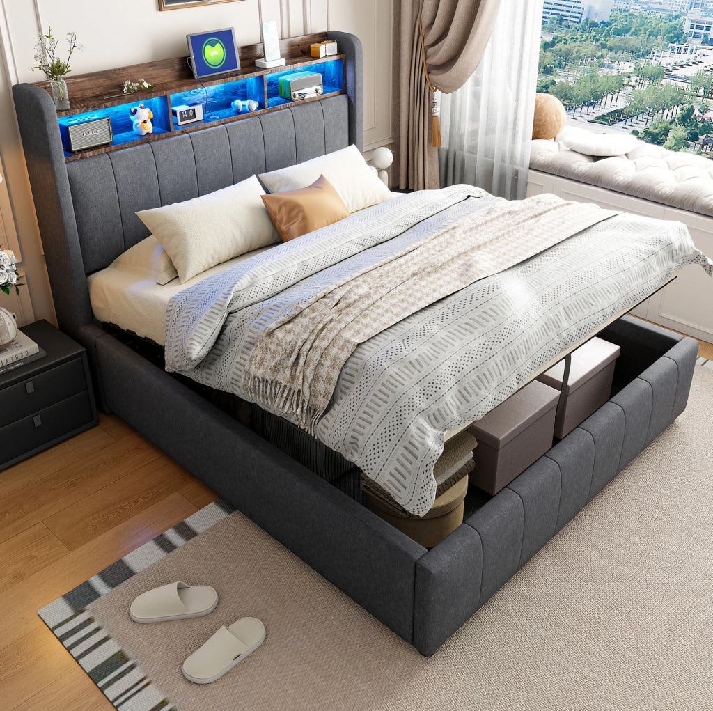 Letto imbottito 140x200 cm con LED, USB e contenitore idraulico