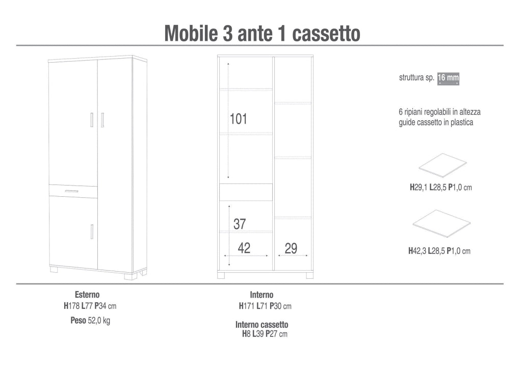 Armadio 3 Ante 1 Cassetto 77x178x34 cm Bianco Fiammato
