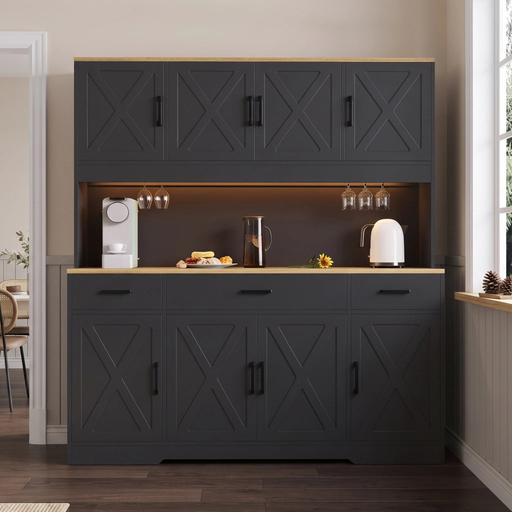Credenza alta 150x40x180 cm con vani; 2 portabicchieri; presa; USB-A; USB-C e LED multicolore; nero e rovere