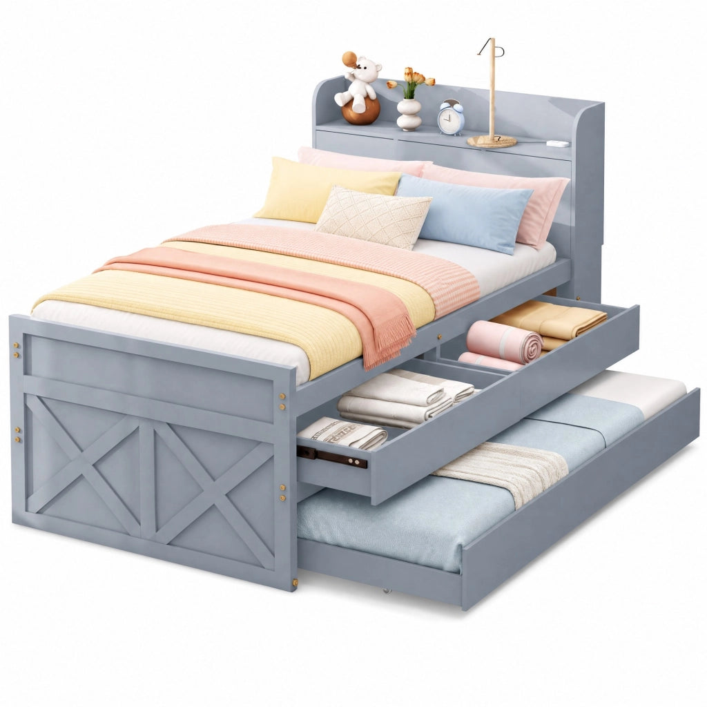 Letto in legno multifunzionale 90x190 con contenitore, cassetti e USB