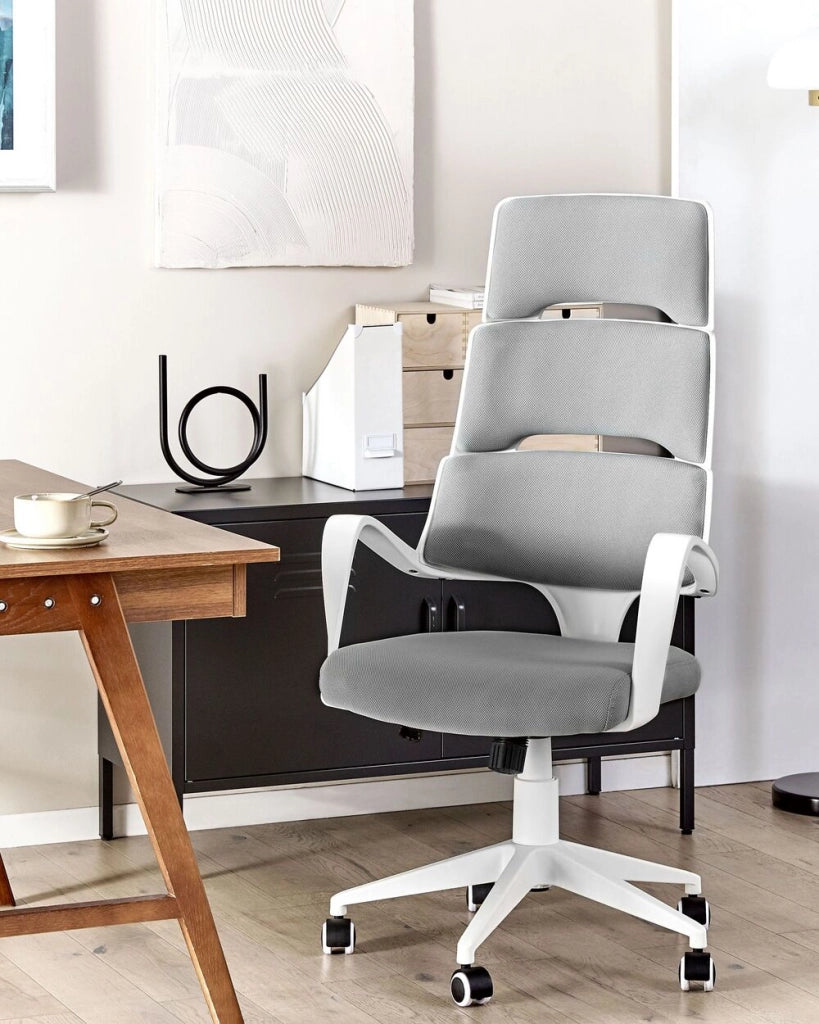Sedia ufficio in materiale sintetico bianco e grigio struttura in metallo schienale regolabile e girevole ufficio