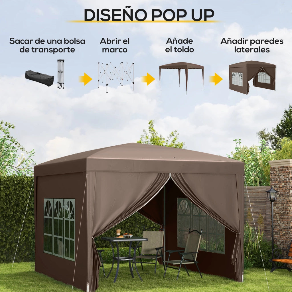 Tenda da giardino pieghevole 3x3 m ¨C zephmum ¨C marrone con 4 pareti laterali