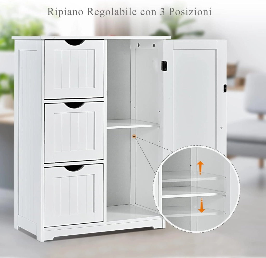 Mobile da Bagno, Mobile da Terra con 3 Cassetti e Anta, Ripiano Regolabile, per Bagno, Camera da Letto, Salotto, Cucina, 60x 30x 81cm (Bianco)
