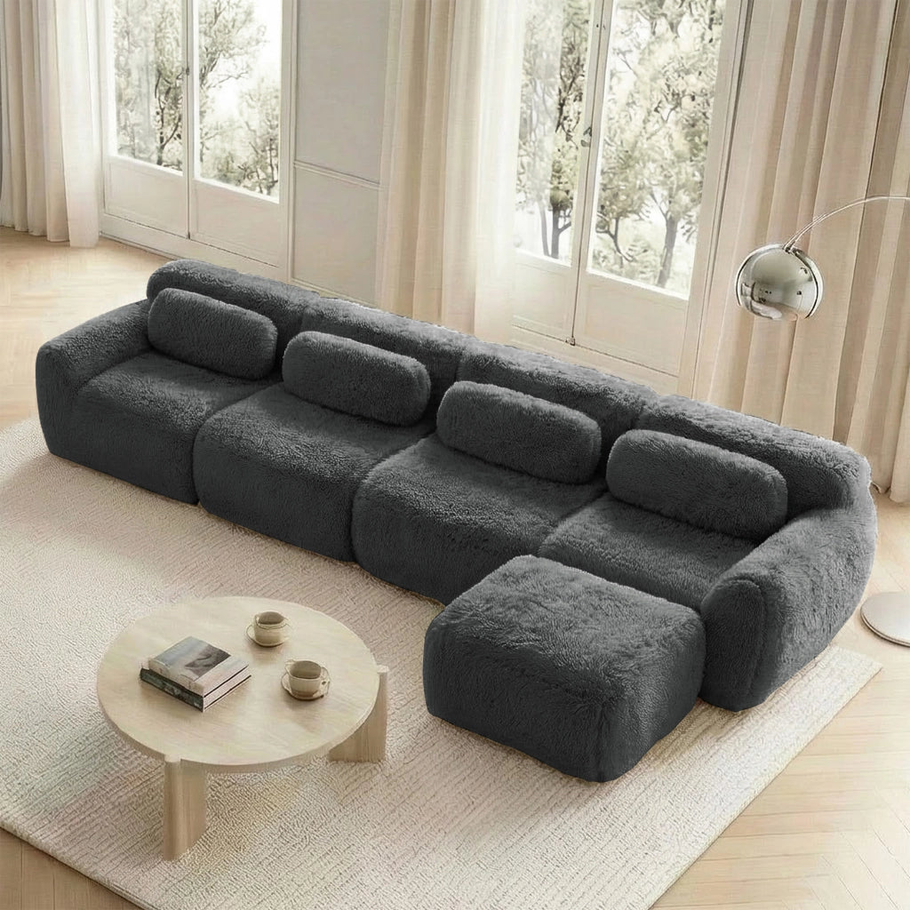 Divano Angolare Modulare 4 Posti con Cuscini; senza Montaggio; Comfort Nuvola; Base Antiscivolo in Peluche Grigio