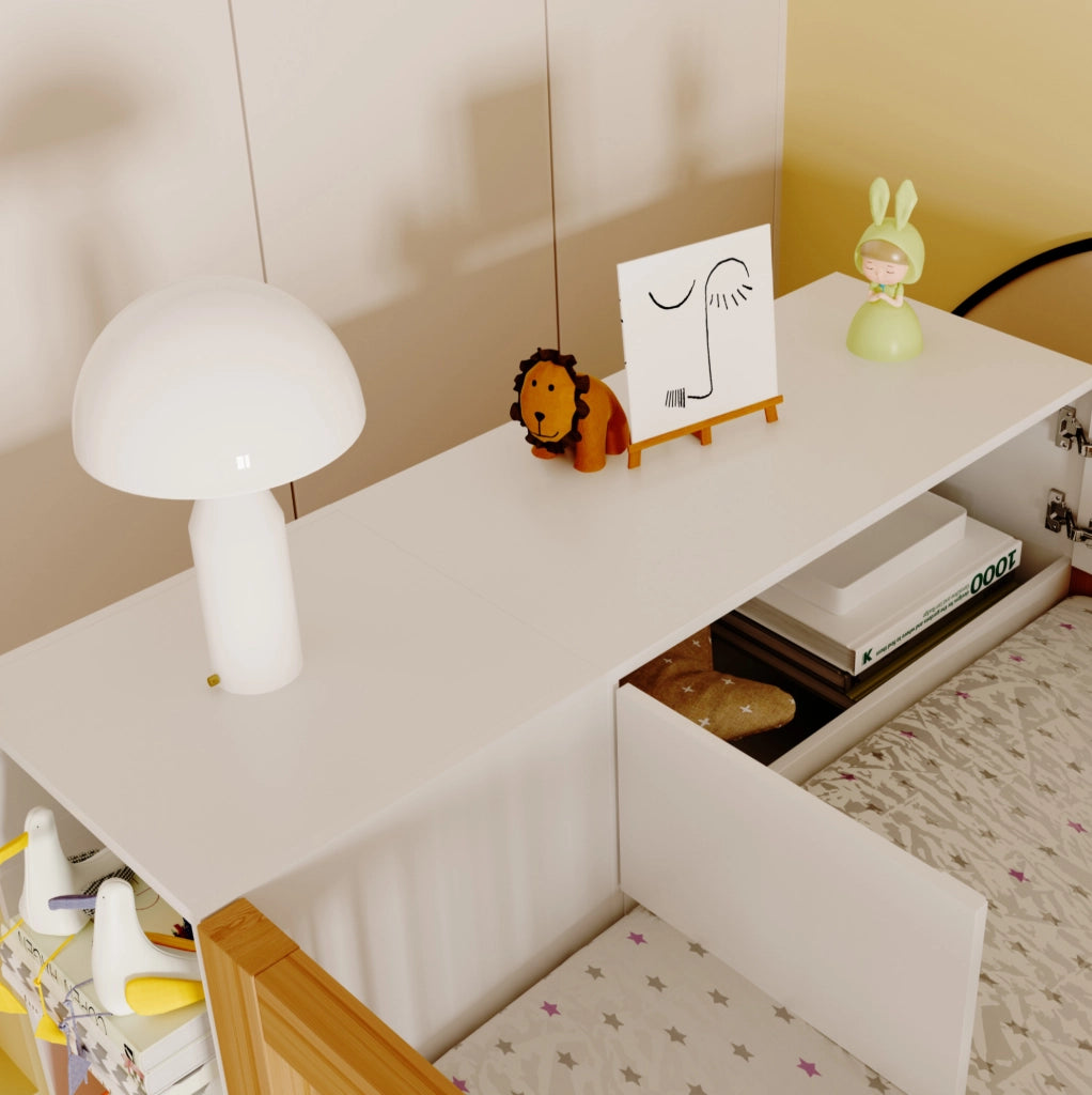 Letto a soppalco 90x200 cm con armadio; ripiani e cassetti; legno naturale e bianco