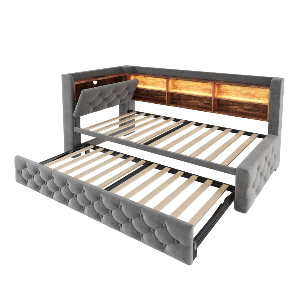Divano letto estraibile 90x190 cm con LED, USB e USB-C in velluto grigio scuro