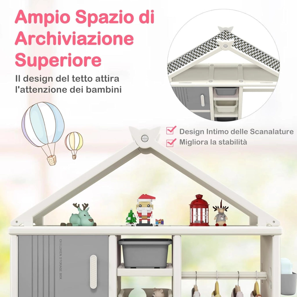 Armadio per Bambini, Organizzatore a Forma di Casa con 1 Lavagna, 3 Armadietti, 4 Cestini, 3 Cubi Chiusi e 3 Cestini Laterali, Armadietto Salvaspazio per Camera da Letto e Soggiorno (Grigio)