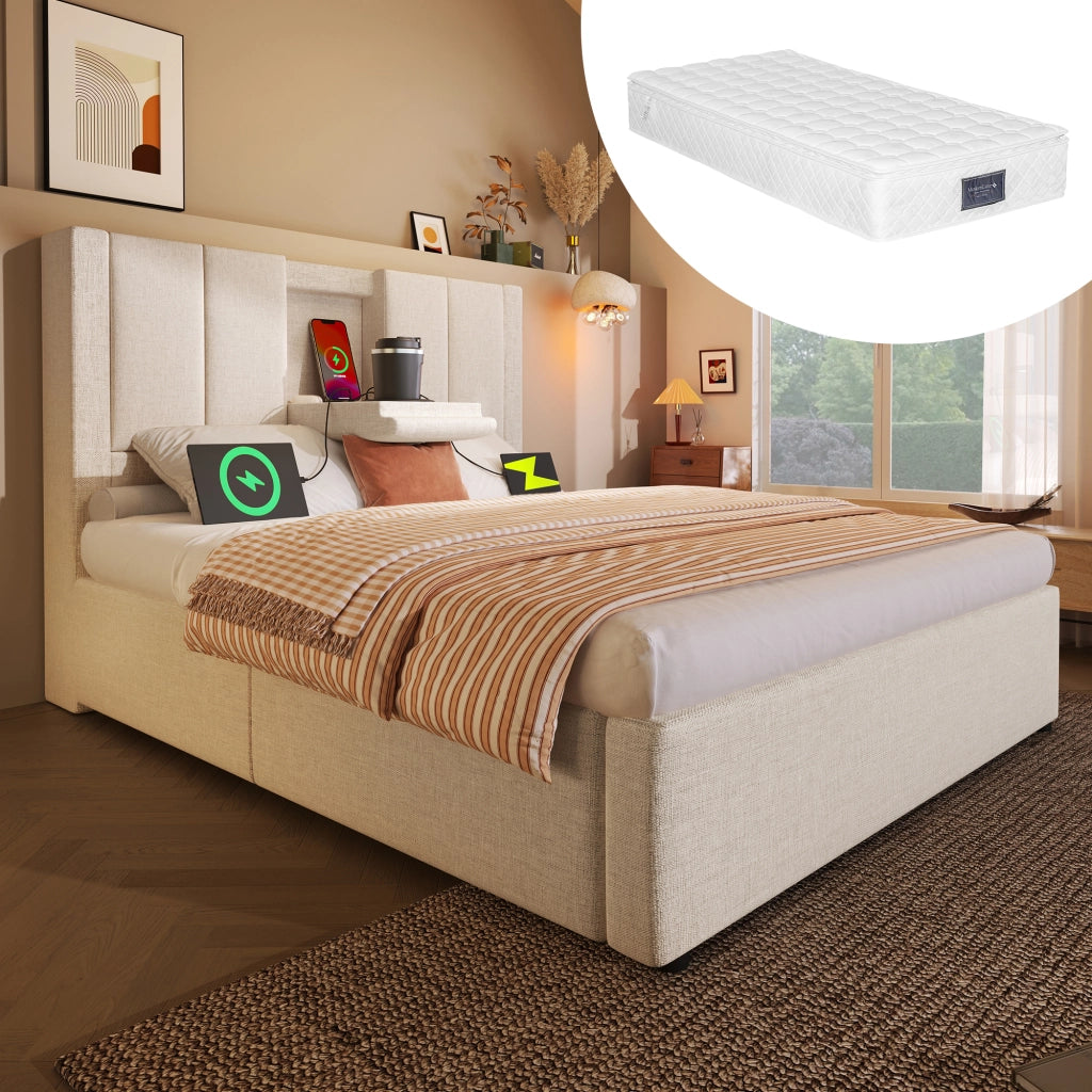 OKWISH Letto Contenitore 90×200 cm, Letto Singolo con Portabicchiere, USB, Tipo-C e Testiera Ribaltabile, con Materasso, in Lino, Beige
