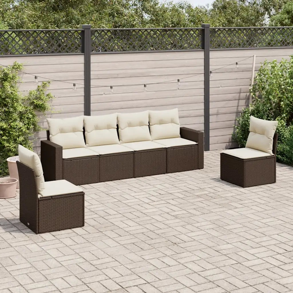 Set Divano da Giardino 6 pz | Set Salotto da Giardino con Cuscini Marrone in Polyrattan
