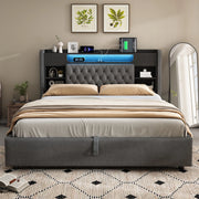 Letto contenitore matrimoniale 140 × 200 cm con LED, USB e Type-C, testiera con ripiani, senza materasso, grigio