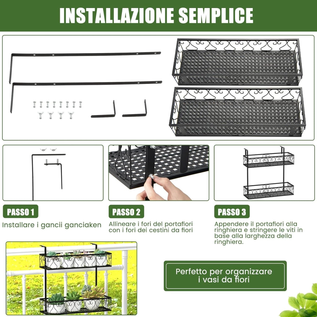 Porta Piante a 2 Livelli, Portavasi da Appender con Ganci Regolabili da 5,5-12,5 cm, Porta Fiori in Metallo da Esterno per Balcone e Recinto, Carico Massimo 30kg, Nero