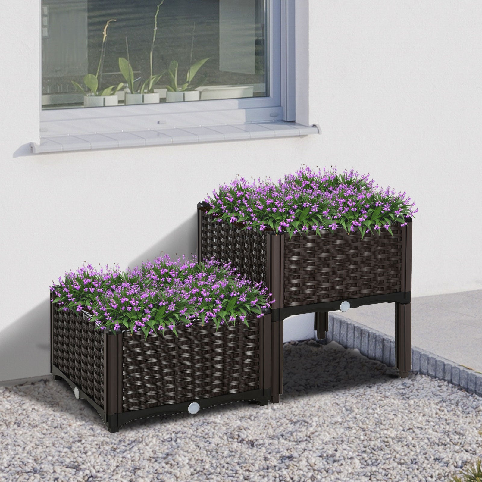 Set 2 Pezzi Fioriera da Esterno Componibile in Polyrattan 40x40x44 cm Flowless