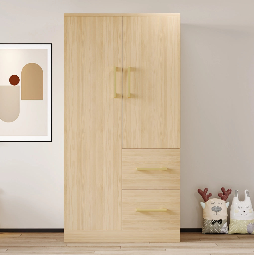 Armadio a doppie ante con 2 cassetti 70x40x135 cm; colore legno naturale