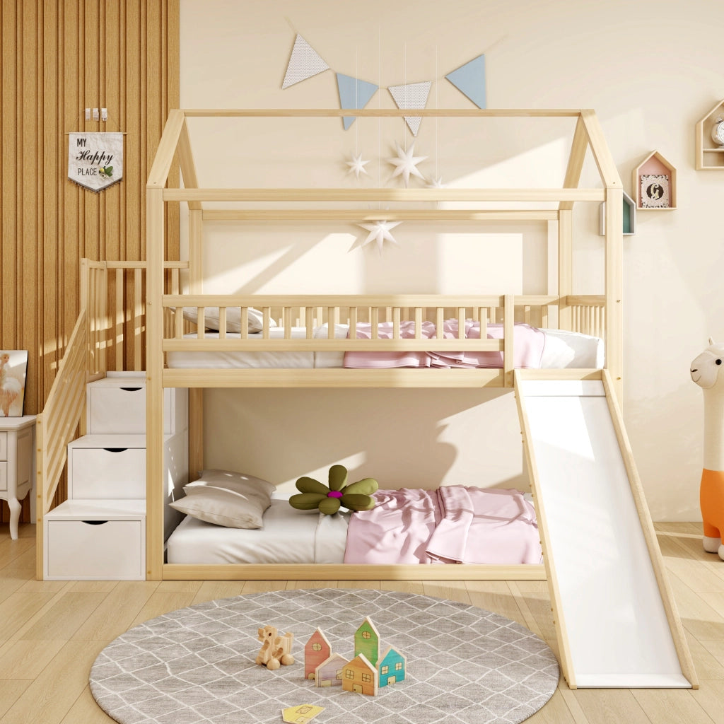 Letto a Soppalco 90x200 cm; Letto Singolo - con Scivolo e Scala Contenitore - in Legno