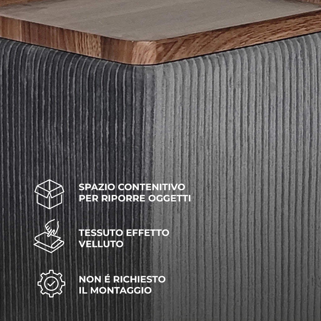 Set 3 Pouf Contenitore Quadrati con Tavolino Rettangolare da Salotto in Velluto e Coperchio in Legno, 2 Pouf Interni Salvaspazio, Tavolino Contenitore Moderno,Poggiapiedi, Seduta Imbottita Grigio Scuro