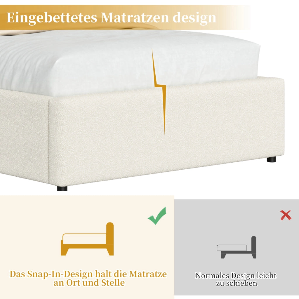 Letto imbottito per bambini con contenitore idraulico, 90x200 cm, bouclé bianco
