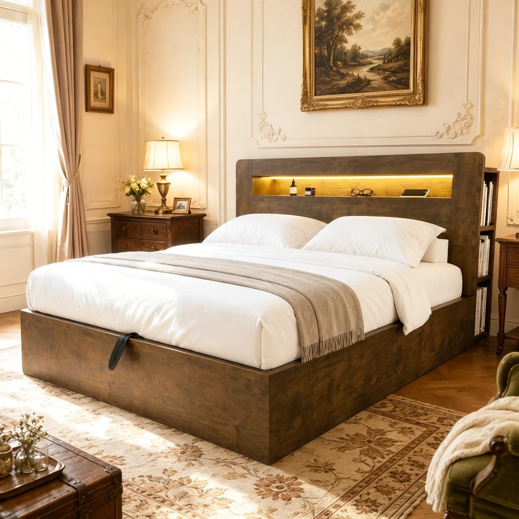 Letto Contenitore Letto Matrimoniale 180x200 cm; LED; Prese e Mensole in Legno