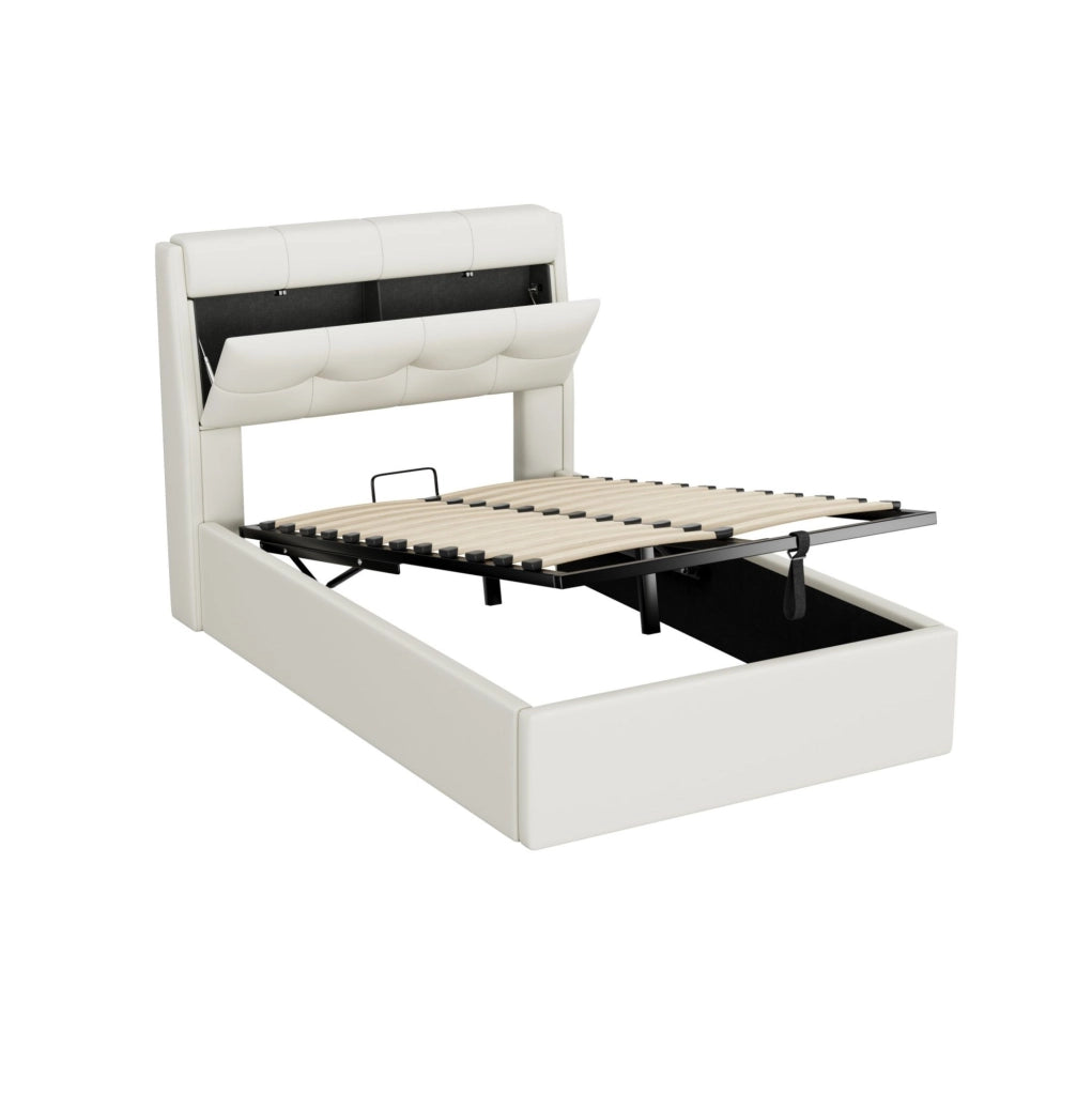 Letto singolo 90x200 cm con contenitore e sollevamento idraulico; similpelle bianco