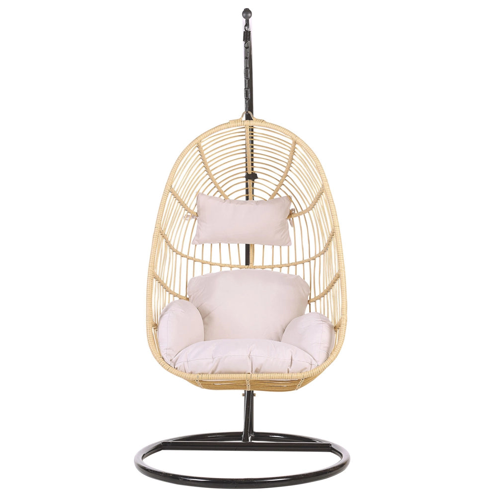 Sedia sospesa poltrona pensile in rattan beige con struttura in metallo a forma di uovo per interni ed esterni Boho