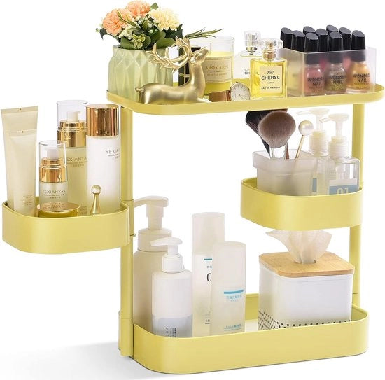 Organizzatore di cosmetici, 360 gradi rotativo, organizzatore per tavolo di trucco, 3 piani, metallo, organizzatore per cosmetici, cassa per cosmetici per comodino, camera da letto, bagno, cucina, giallo