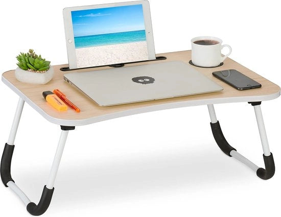 Tavolo da scrivere pieghevole per laptop da posizionare sul letto con supporto per tablet e bicchieri - Dimensioni 26x63x40 cm - Misto legno chiaro e bianco