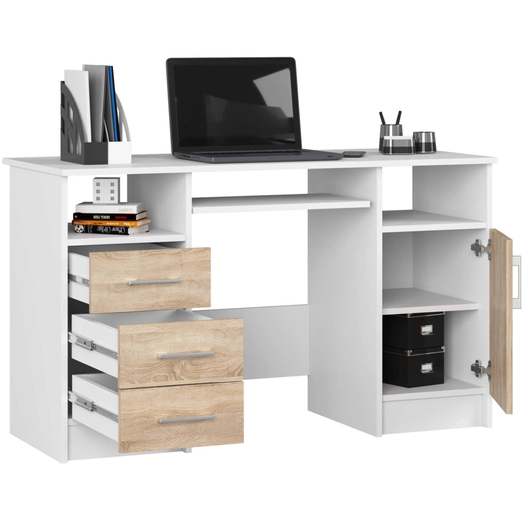 Scrivania AKORD ANA Bianco 124 cm 1 anta 3 cassetti inserto frontale Sonoma Quercia 124x52x74 cm
